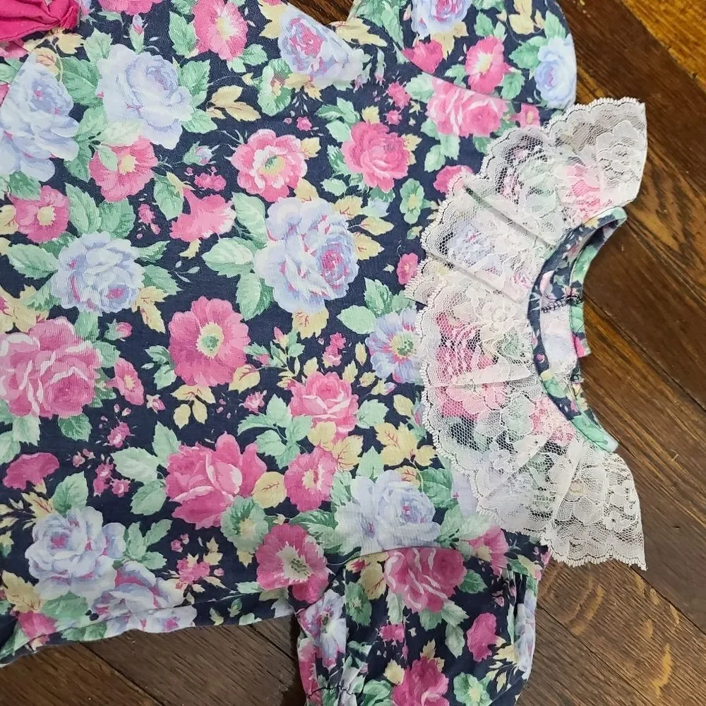 Vintage 80s 90s Girls Pink Colorful Floral Dress White Lace Collar 4T - Picture 2 of 9